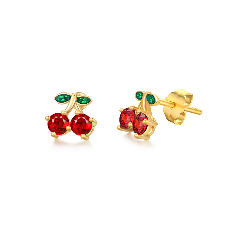Pendientes de plata de ley con baño de oro amarillo y granate de talla redonda con forma de cereza-18