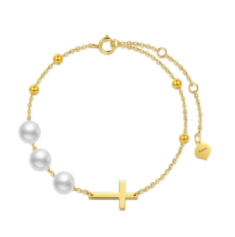 Pulsera con dije de cruz de perla circular de oro de 10 quilates-1