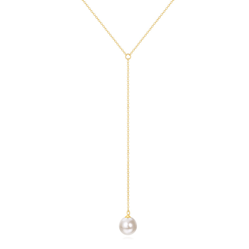 Collar en Y no ajustable con perla esférica circular de oro de 14 quilates-1