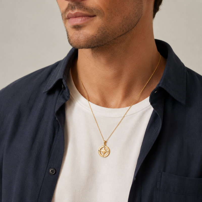 18K Gold Compass Pendant Necklace for Men Father-2