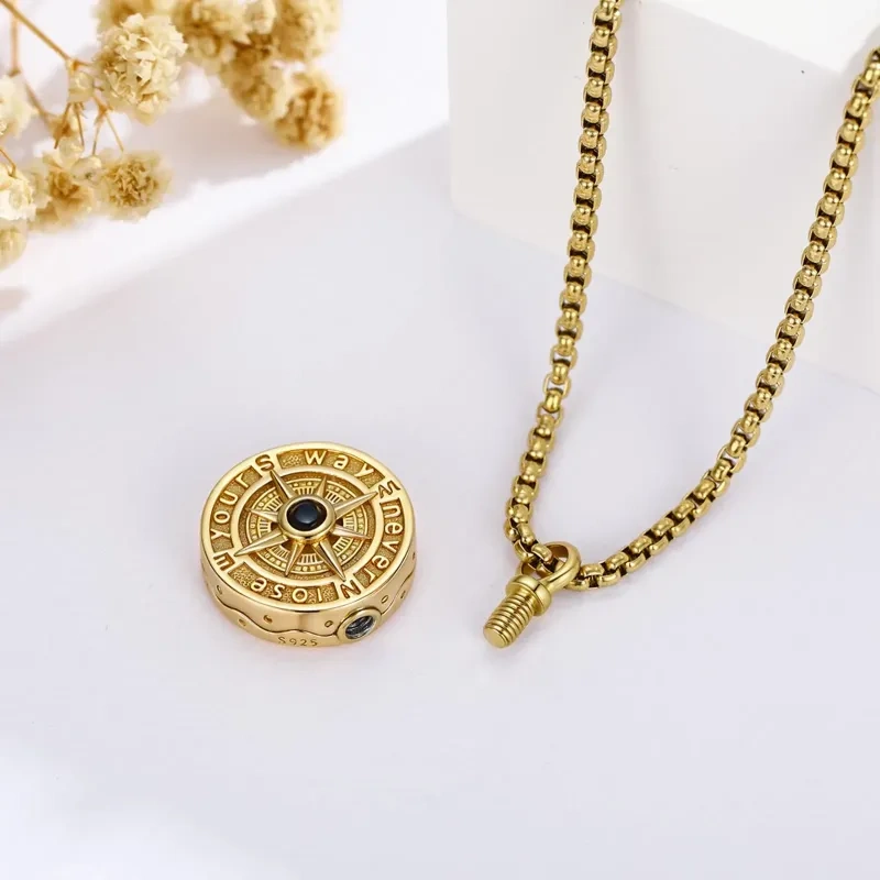 14K Gold Compass Urn Pendant Necklace for Ashes with Sterling Silver Chain for Men-3
