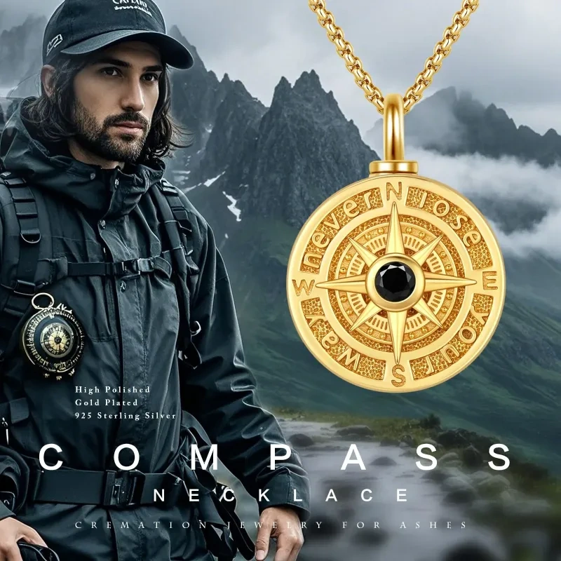 14K Gold Compass Urn Pendant Necklace for Ashes with Sterling Silver Chain for Men-4