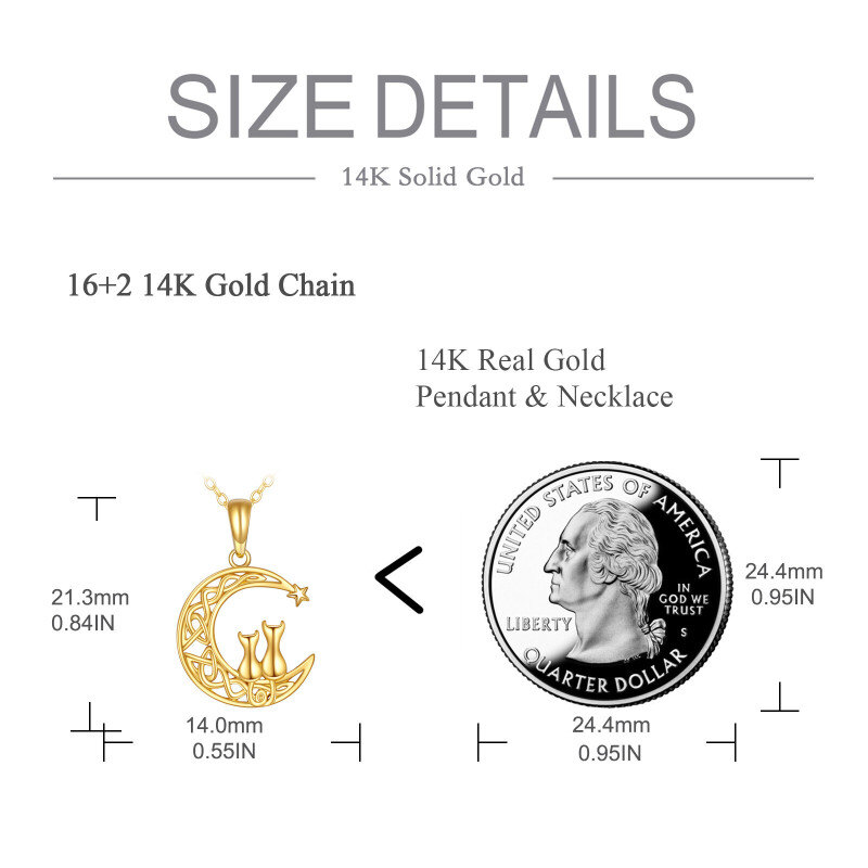 Collier en or 14K à pendentifs en forme de couple. de chat et d'étoile de lune-5