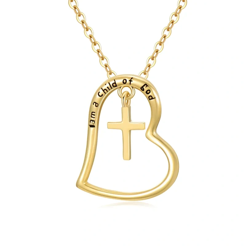 Halskette mit Kreuz-Herz-Anhänger aus 14 Karat Gold mit eingraviertem Wort-1