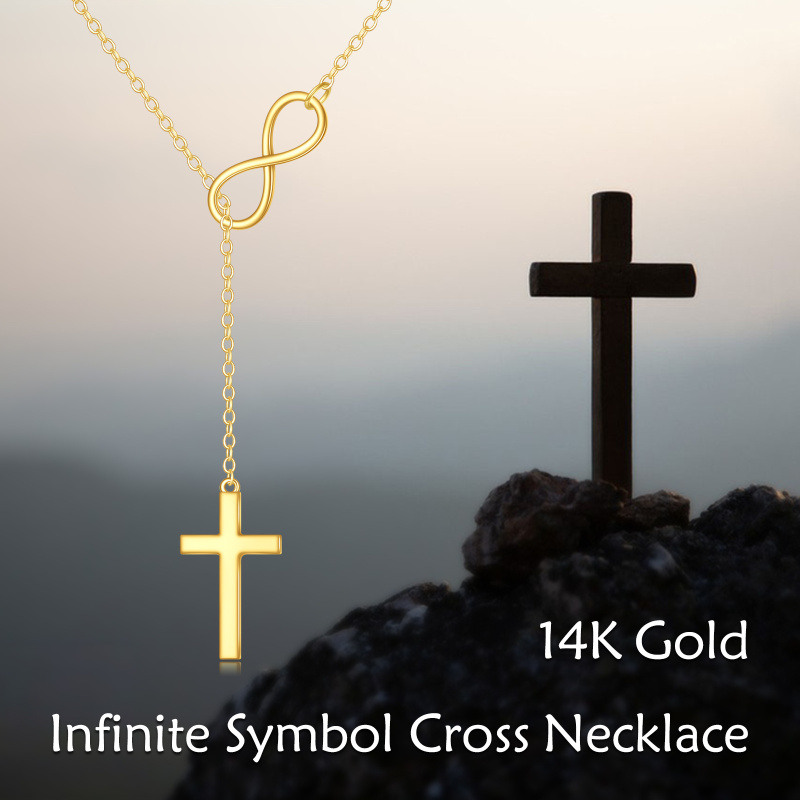 Colar em Y não ajustável com a cruz e o símbolo do infinito em ouro de 10K-5