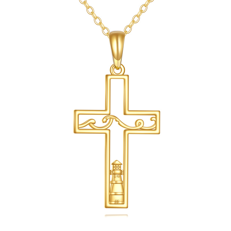 14K Gold Cross & Lighthouse Pendant Necklace-1