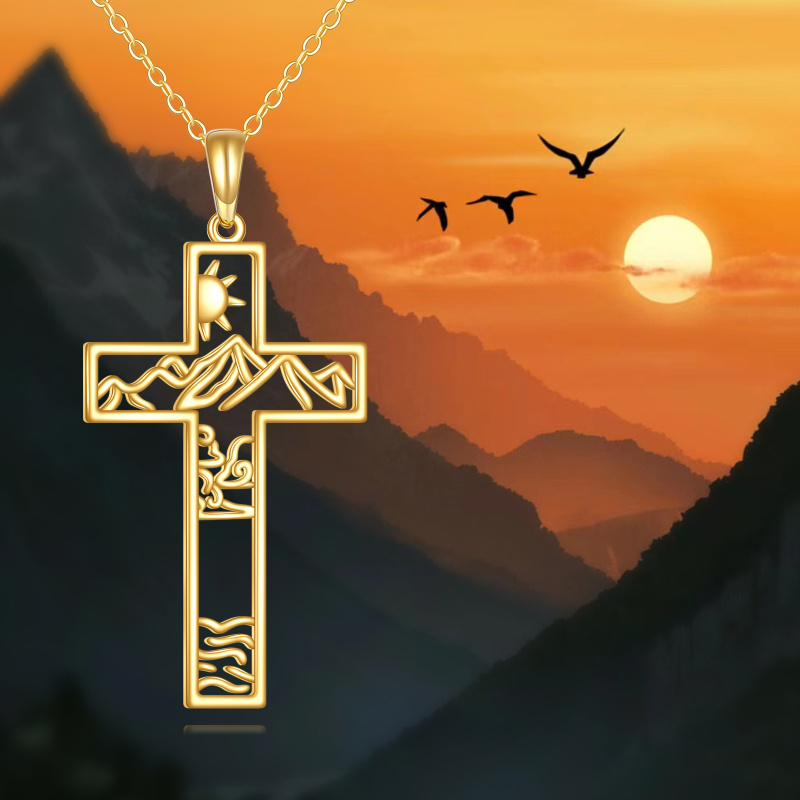 18K Gold Cross & Mountains Pendant Necklace-5