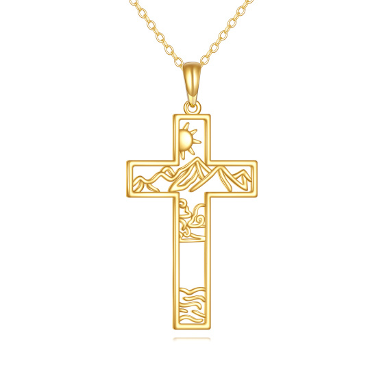 10K Gold Cross & Mountains Pendant Necklace