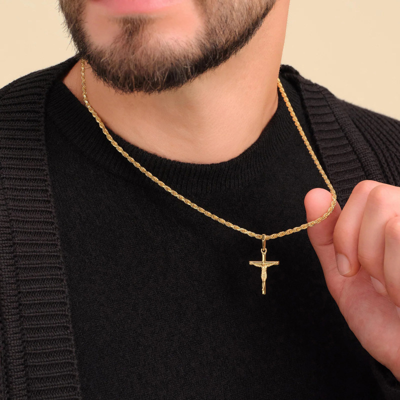 Collier pendentif en or 14 carats avec croix pour homme-2