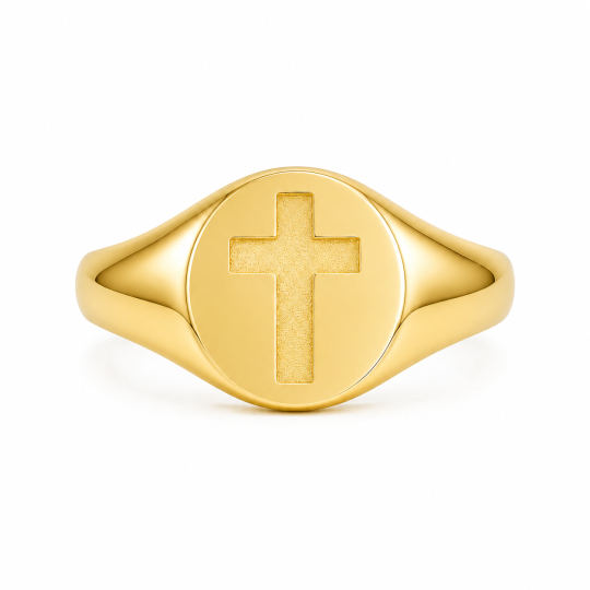 Anel de sinete com cruz em prata de lei com banho de ouro amarelo para homem