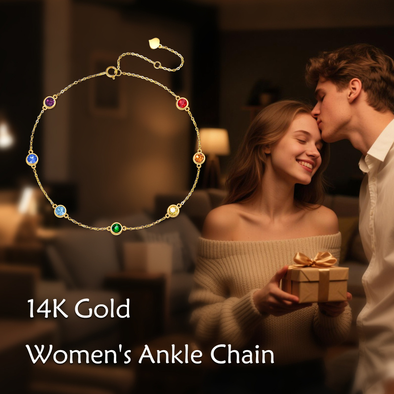 10K Gold Crystal Chakras Single Layer Charm Anklet-5