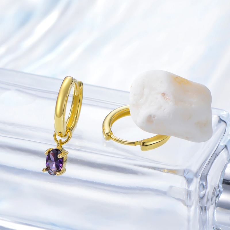 Pendientes colgantes ovalados con piedra natal personalizada de oro de 18 quilates para mujer-3