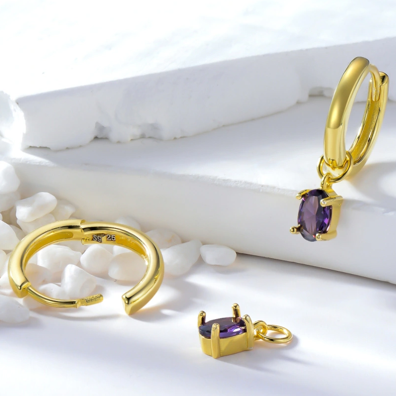 Pendientes colgantes ovalados con piedra natal personalizada de oro de 18 quilates para mujer-4