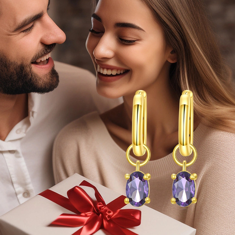 Pendientes colgantes ovalados con piedra natal personalizada de oro de 18 quilates para mujer-6