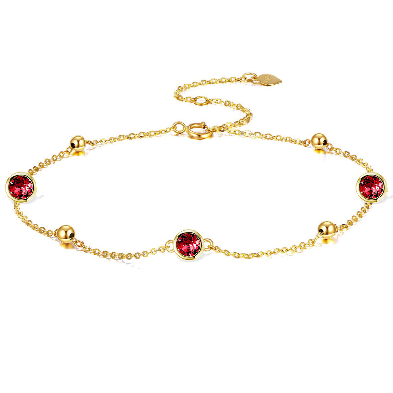 14K Gold Crystal Personalized Birthstone Single Layer Charm Anklet-1