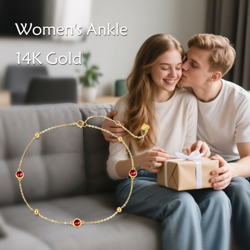 14K Gold Crystal Personalized Birthstone Single Layer Charm Anklet-6