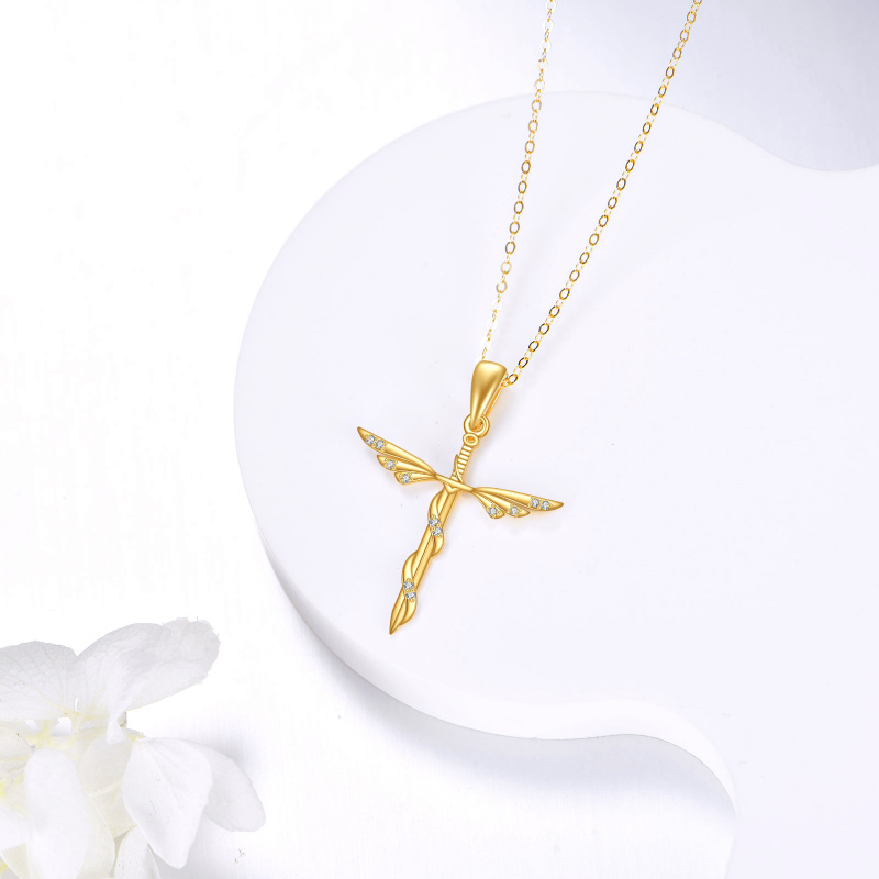 14K Gold Cubic Zirconia Angel Wing & Cross Pendant Necklace-3