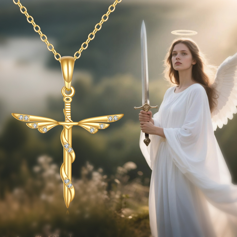 14K Gold Cubic Zirconia Angel Wing & Cross Pendant Necklace-5