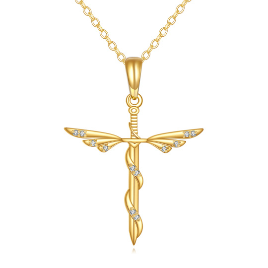 10K Gold Cubic Zirconia Angel Wing & Cross Pendant Necklace