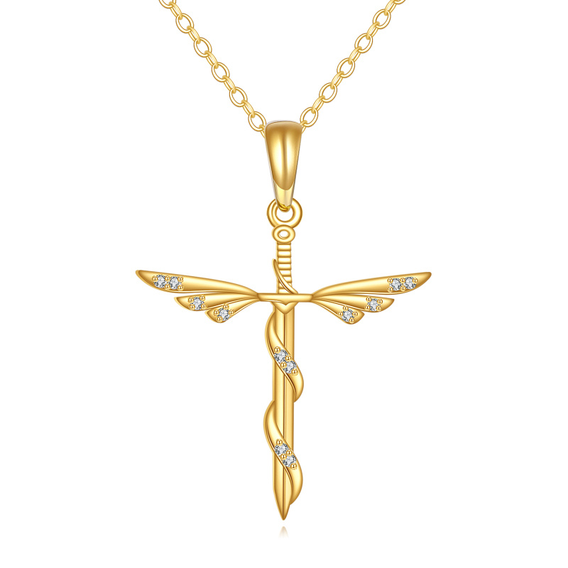 14K Gold Cubic Zirconia Angel Wing & Cross Pendant Necklace-1