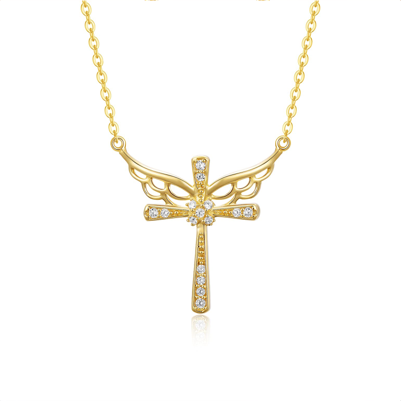 Collar con colgante de ala de ángel y cruz de circonita cúbica en oro de 14 quilates-1