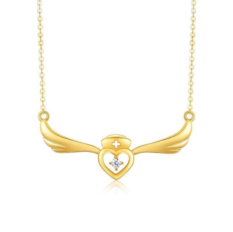 Collar con colgante de ala de ángel y corazón de circonita cúbica en oro de 18 quilates-1