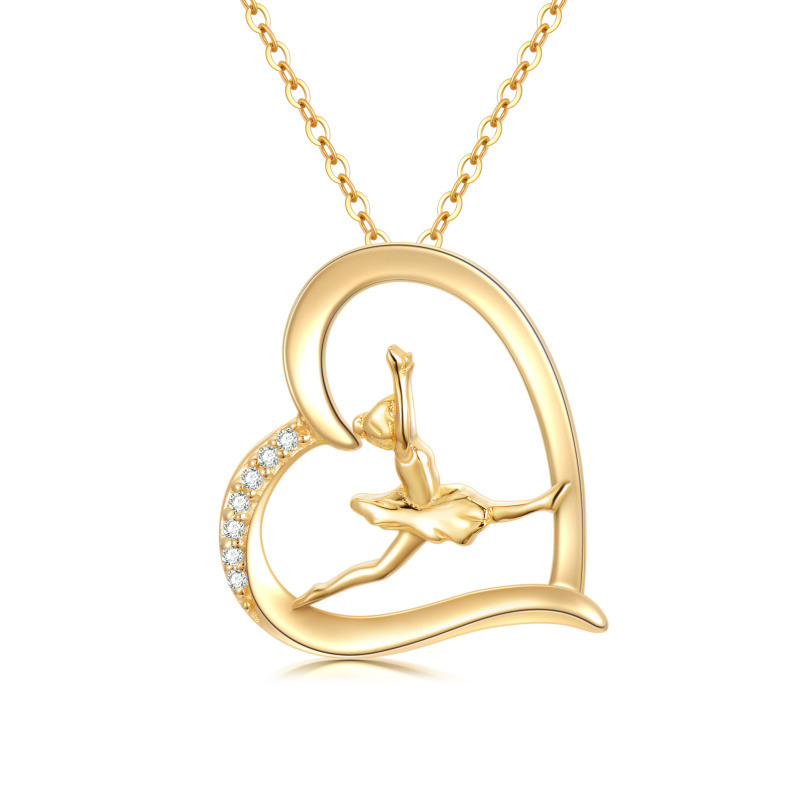 10K Gold Cubic Zirconia Ballet Dancer & Heart Pendant Necklace-1