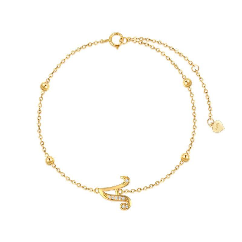 10K Gold Cubic Zirconia Bead Charm Bracelet with Initial Letter A-1