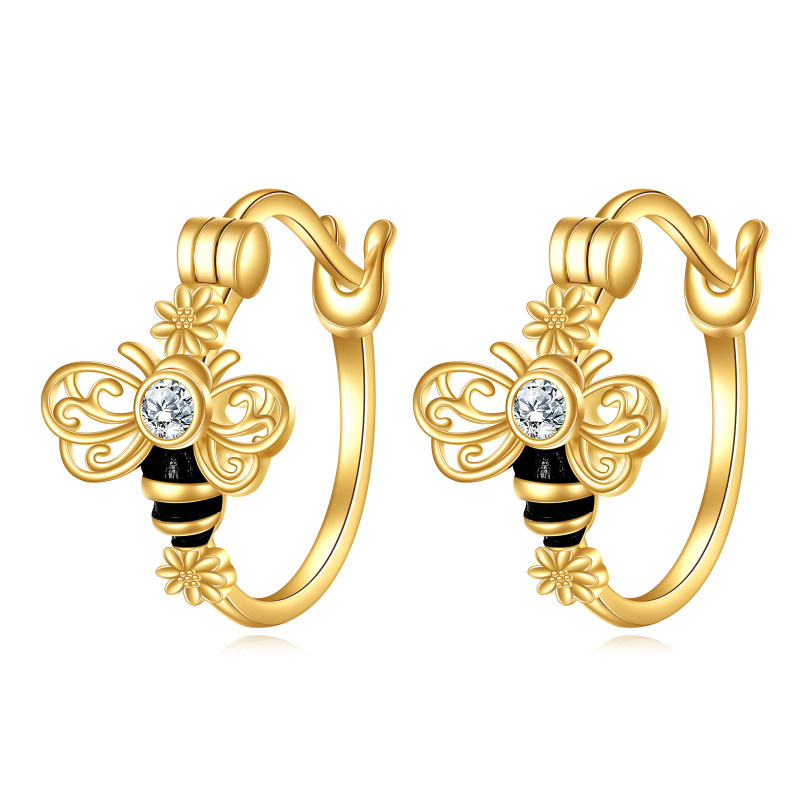 Boucles d'oreilles créoles abeille en or 18 carats et zircon cubique-1