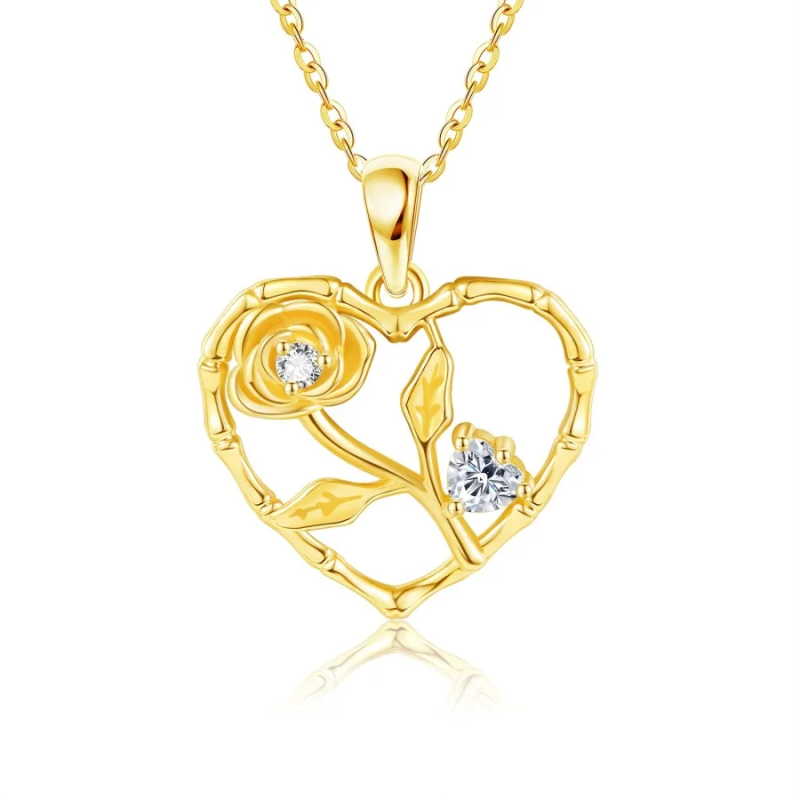 Collier en or 14 carats avec zircon cubique, os et rose en forme de cœur pour femme-1
