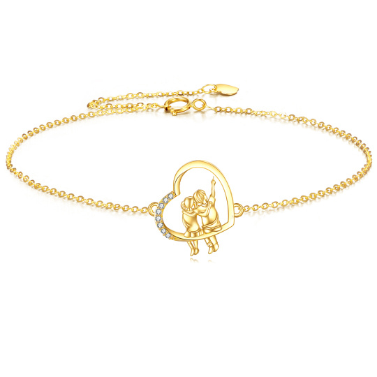 Braccialetto con ciondoli in oro 10K con zirconia cubica raffigurante fratello e sorella e cuore