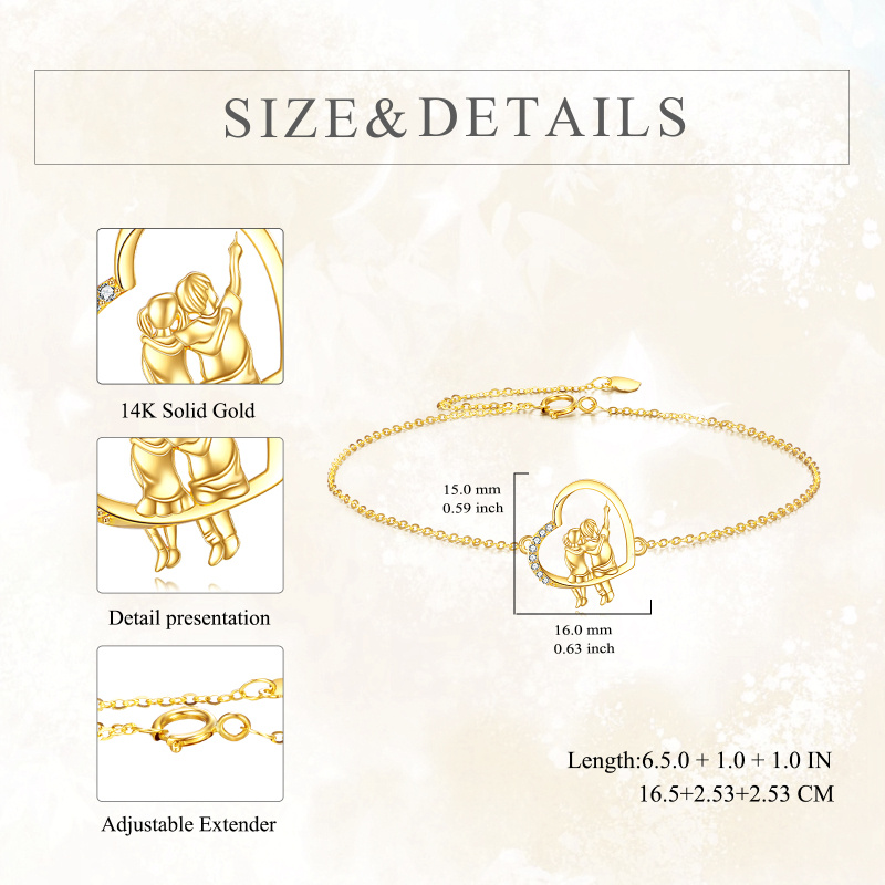 Bracelet à breloques en or 18K avec zircone cubique représentant un frère et une sœur ainsi qu'un cœur-4