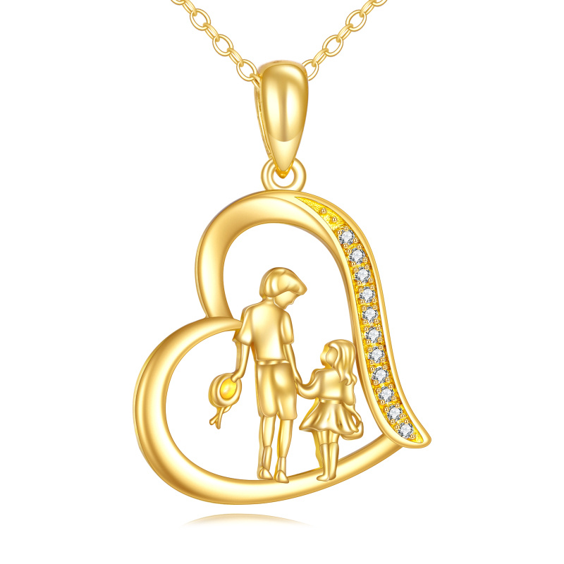 Halskette aus 18-karätigem Gold mit Zirkonia-Anhänger „Bruder und Schwester“ und Herzanhänger-1