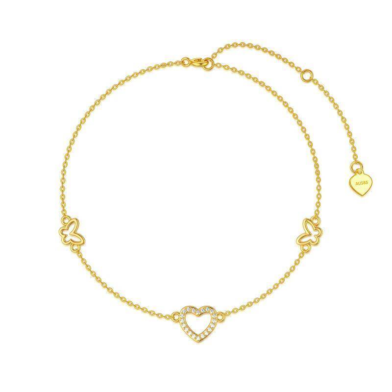 Pulsera con dije de mariposa y corazón de circonita cúbica en oro de 10 quilates-1