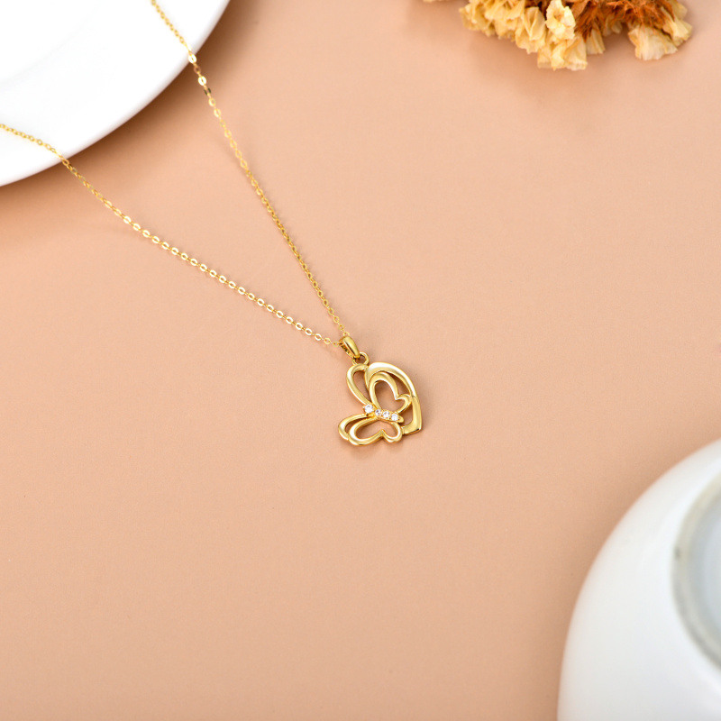 18K Gold Cubic Zirconia Butterfly & Heart Pendant Necklace-3