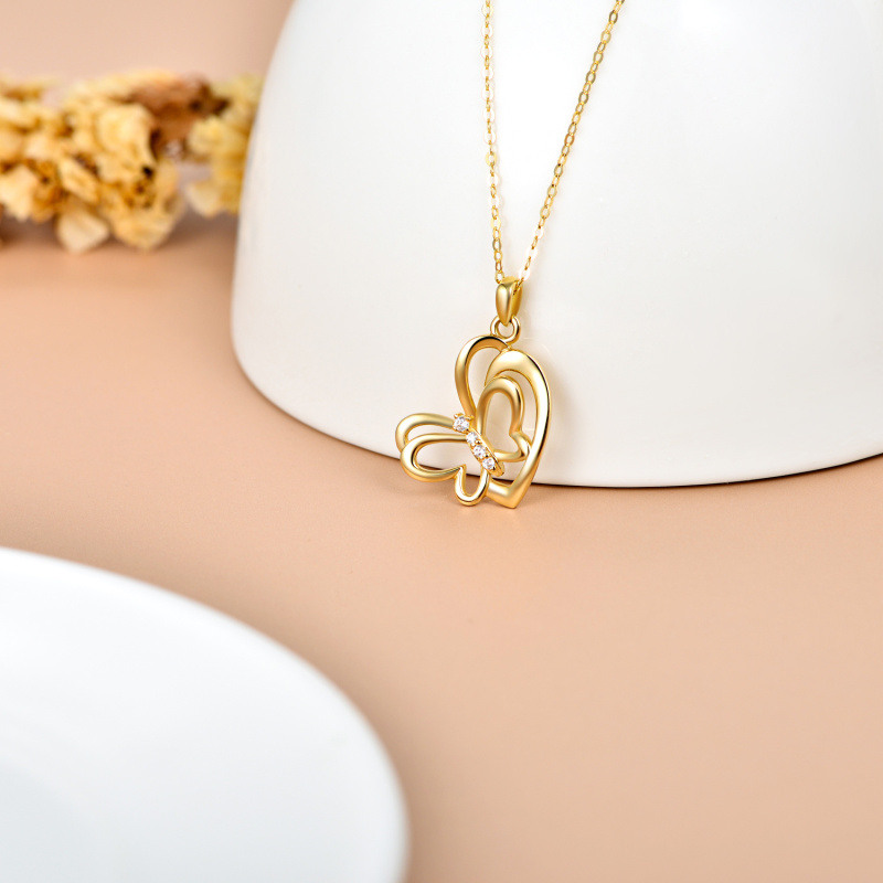 18K Gold Cubic Zirconia Butterfly & Heart Pendant Necklace-4