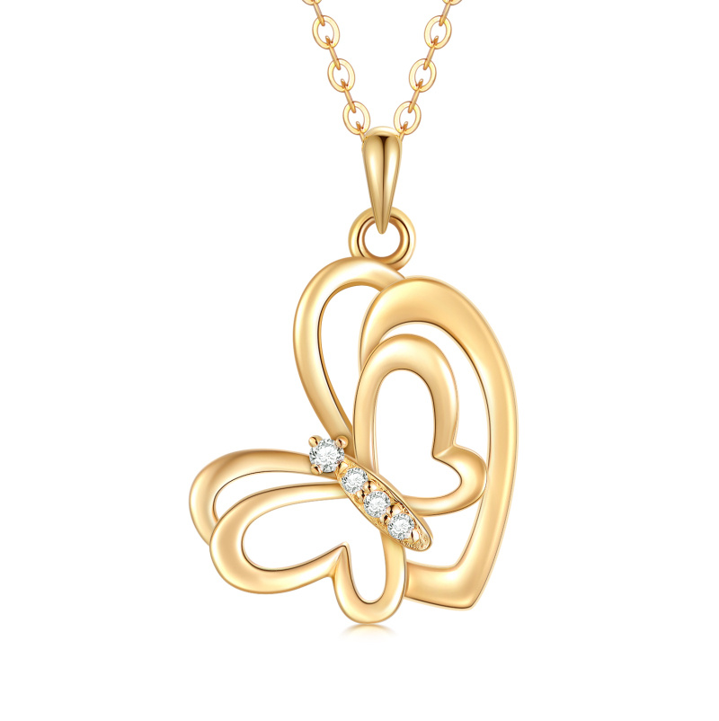 18K Gold Cubic Zirconia Butterfly & Heart Pendant Necklace-1