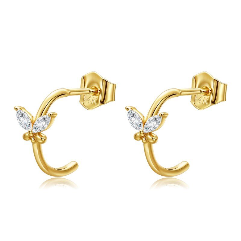 Pendientes de mariposa con circonitas cúbicas en oro de 14 quilates-1