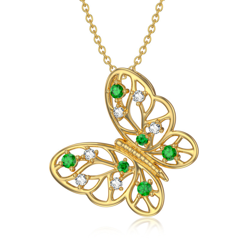 Halskette aus 14-karätigem Gold mit Zirkonia-Anhänger in Form eines Schmetterlings und Lebensbaums-1