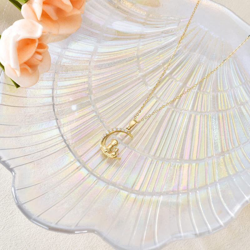 Collar con colgante de gato, perro y luna con circonita cúbica de oro de 14 quilates para mujer-4