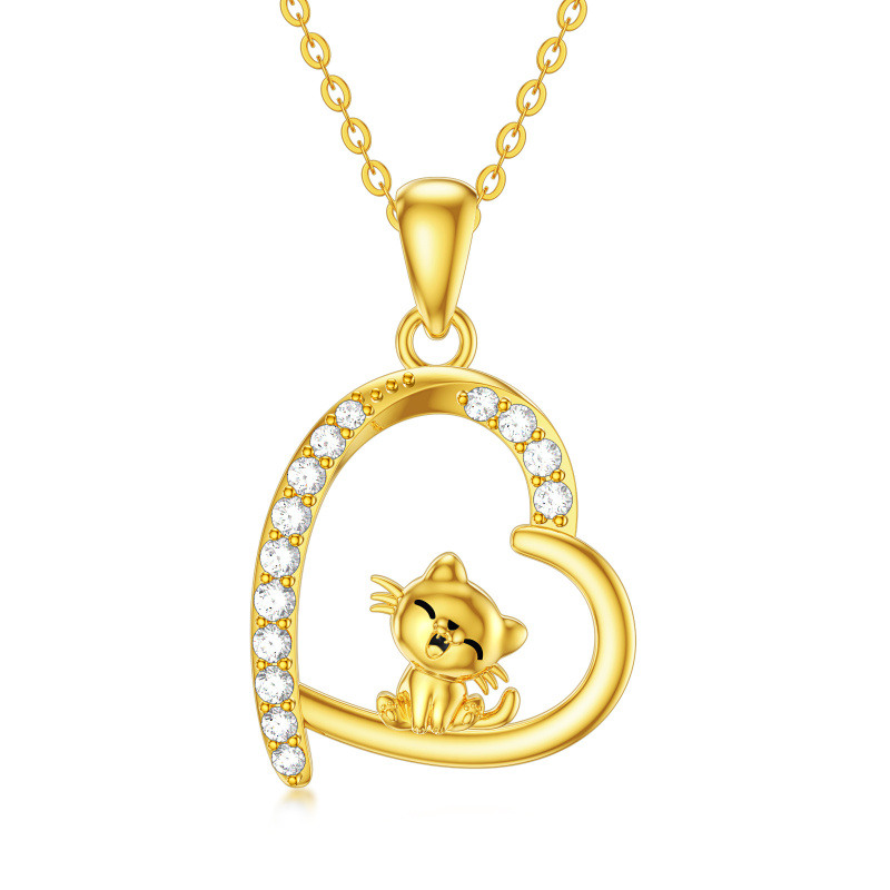 Collar de oro de 10 quilates con circonitas cúbicas, gato y corazón para mujer-1