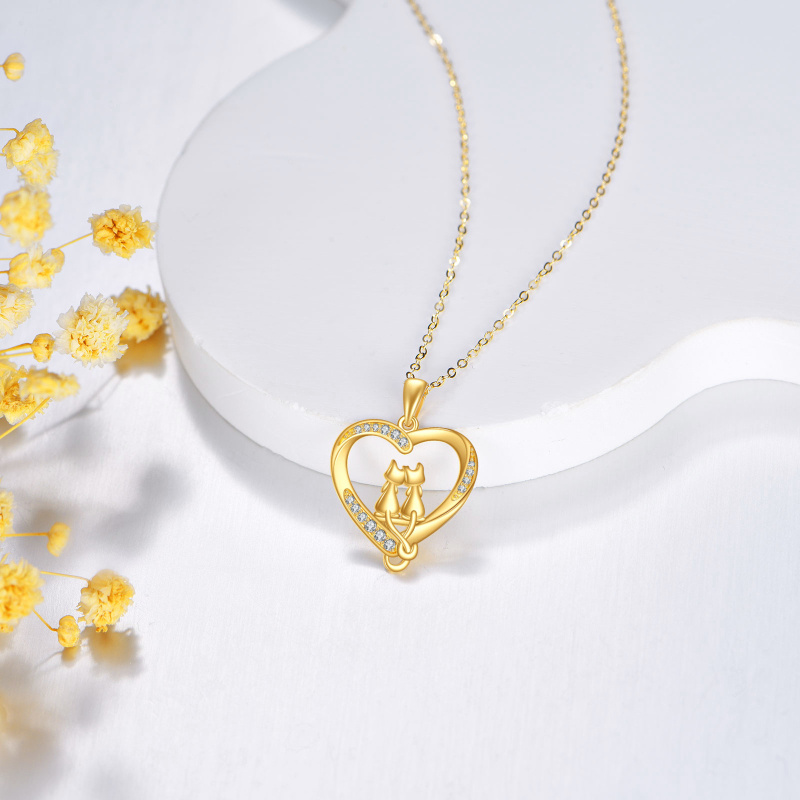18K Gold Cubic Zirconia Cat & Heart Pendant Necklace-3