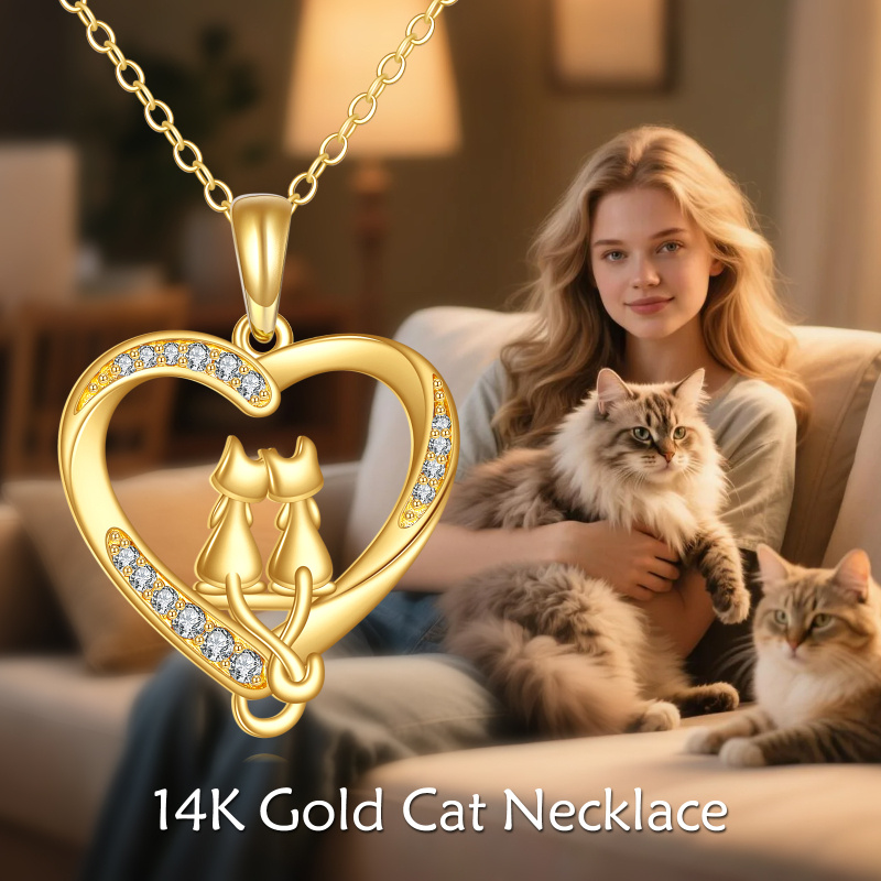 18K Gold Cubic Zirconia Cat & Heart Pendant Necklace-5