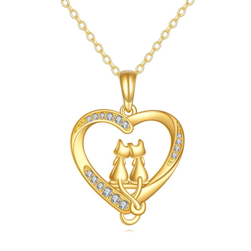18K Gold Cubic Zirconia Cat & Heart Pendant Necklace-1
