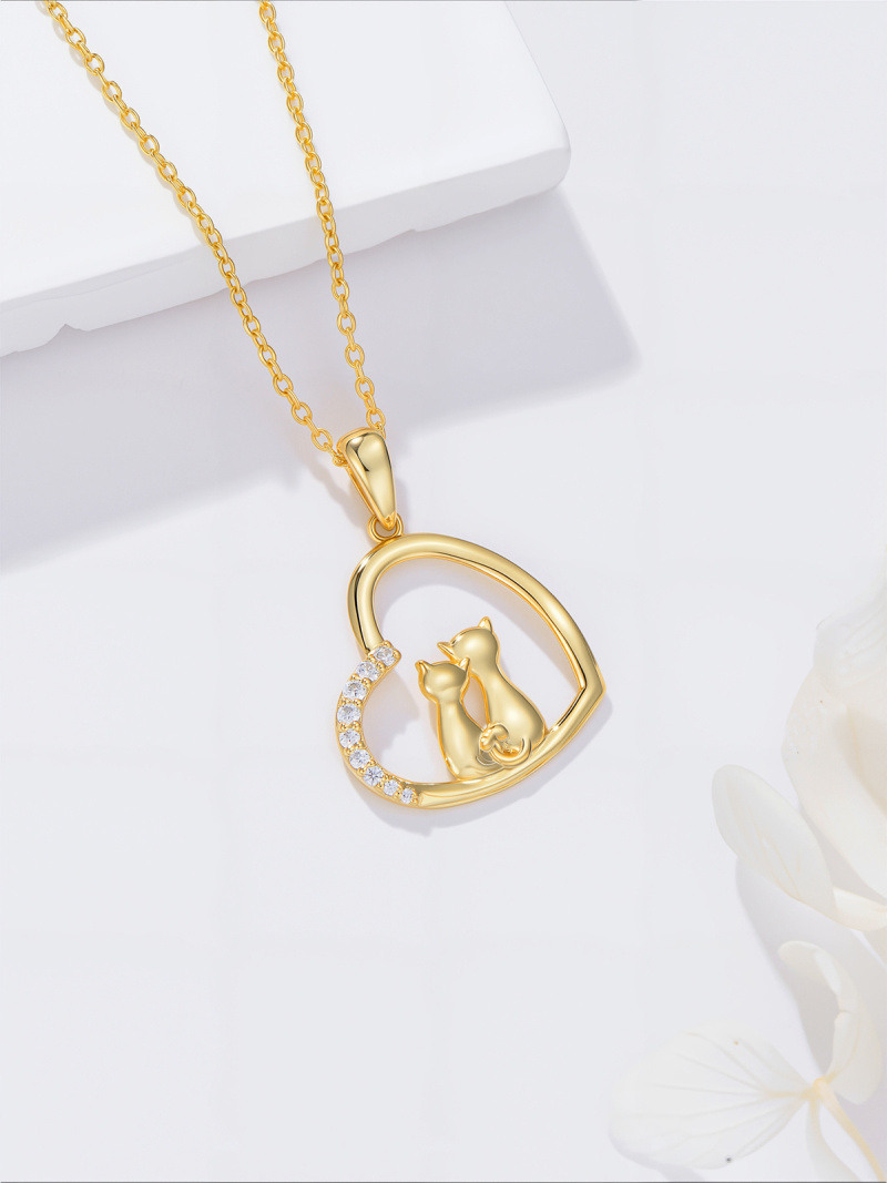14K Gold Cubic Zirconia Cat & Heart Pendant Necklace-4
