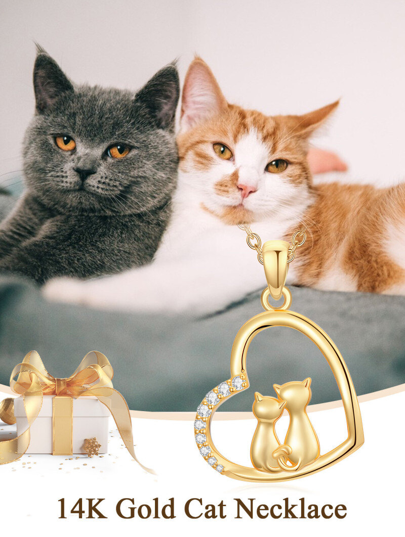 14K Gold Cubic Zirconia Cat & Heart Pendant Necklace-6