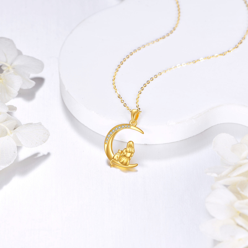 Collier pendentif en or 18K avec chat et lune en zircone cubique-3
