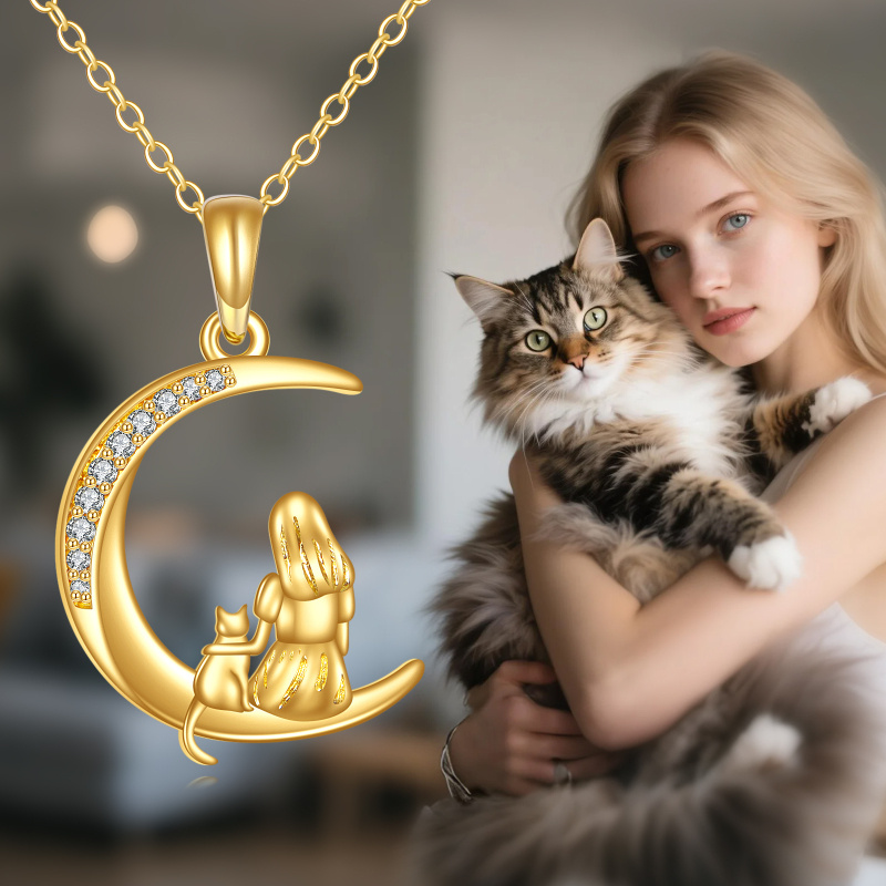 Collier pendentif en or 18K avec chat et lune en zircone cubique-5