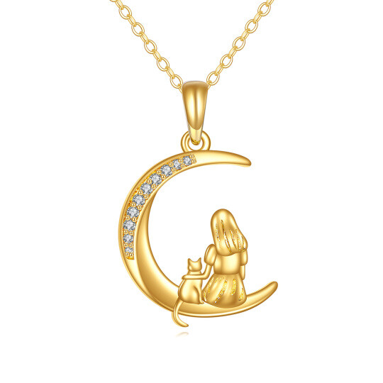 10K Gold Cubic Zirconia Cat & Moon Pendant Necklace