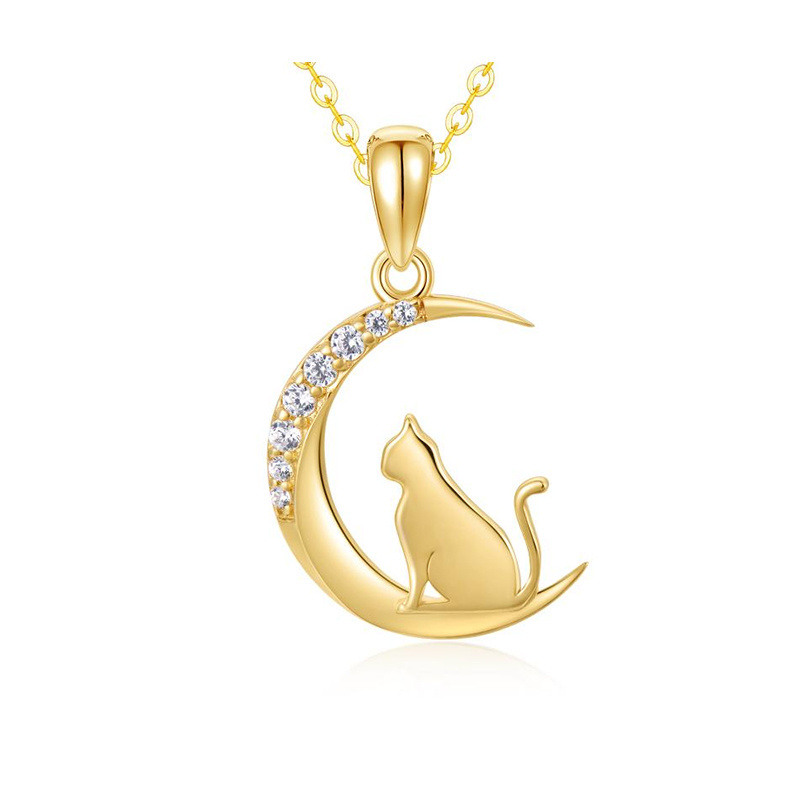 10K Gold Cubic Zirconia Cat & Moon Pendant Necklace For Women Mom-1